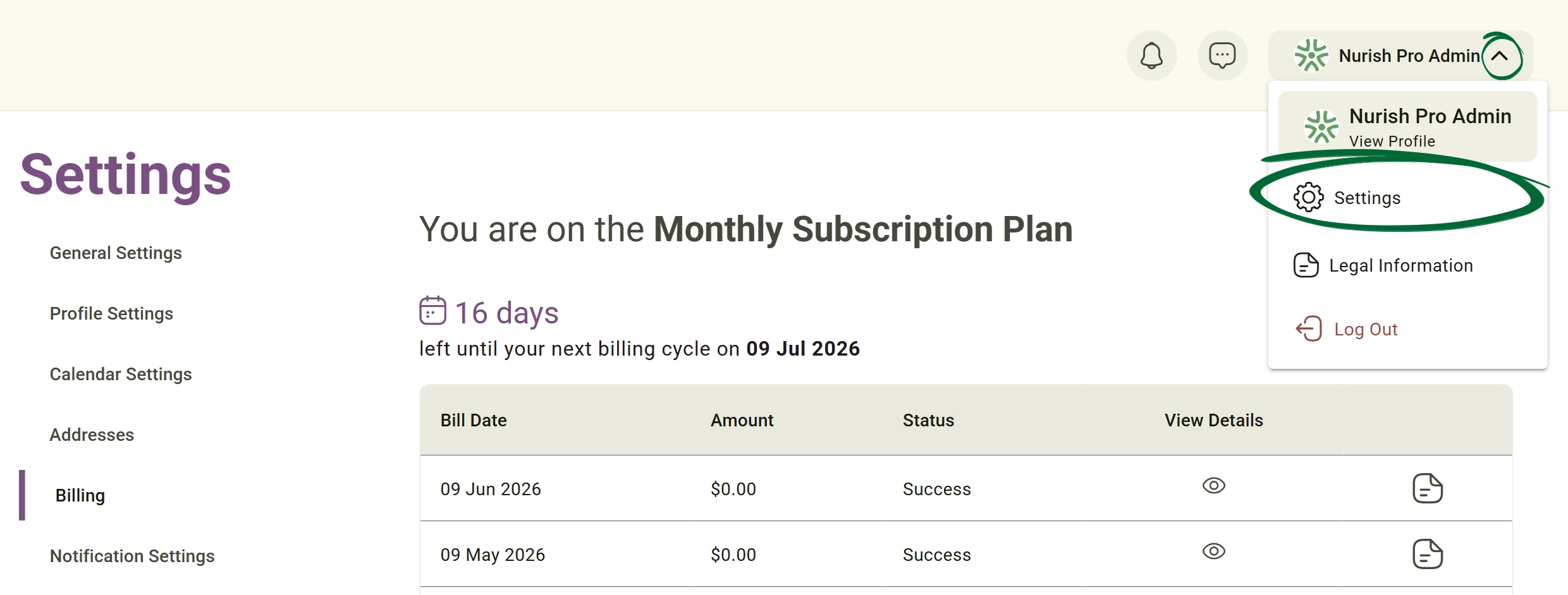 Access Billing Settings Screenshot